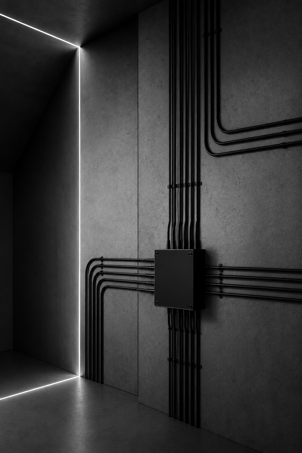 Surface-mounted electrical conduits routed into a junction box